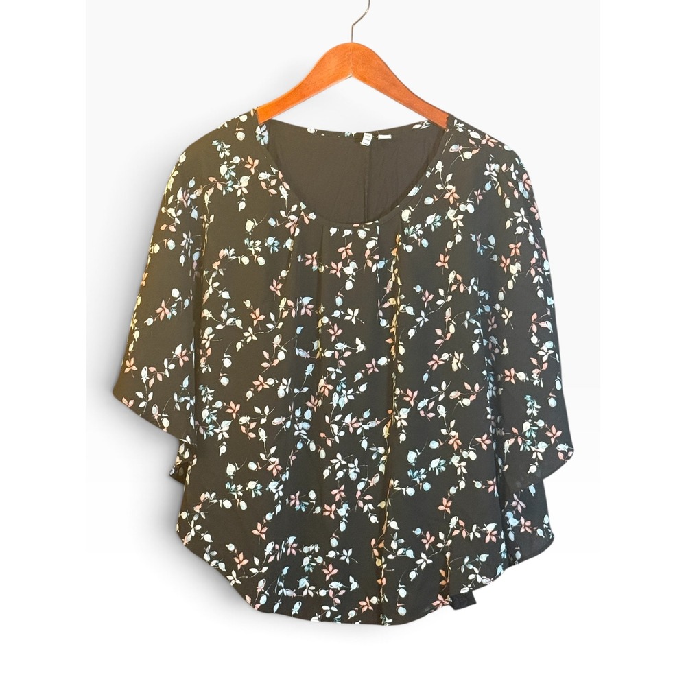 Elle Floral Blouse Womens XL Black Pink Blue Layered Short Sleeve Top